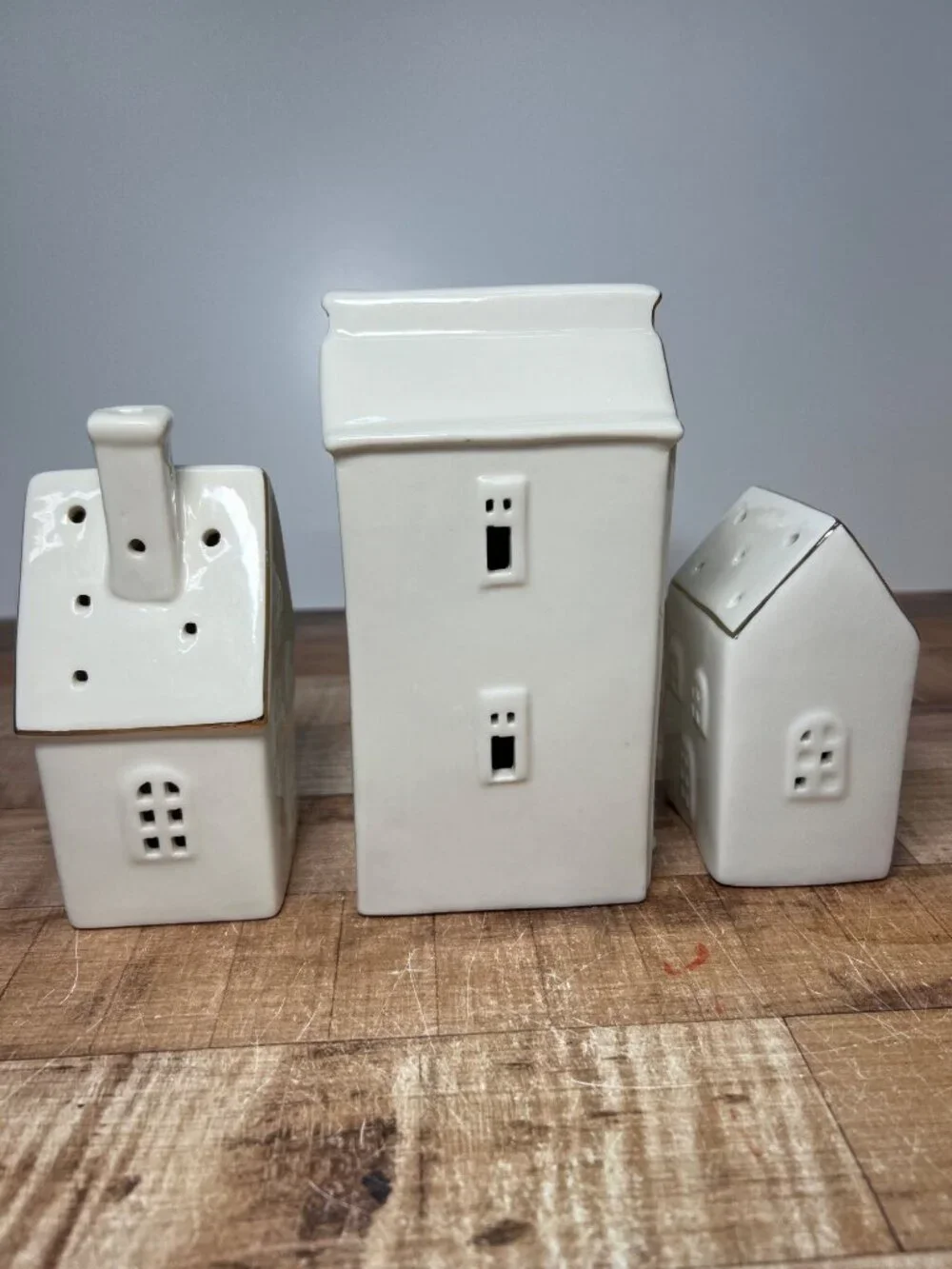 3 Pc White Ceramic Christmas Village Houses Gold Trim Battery Operated Untested